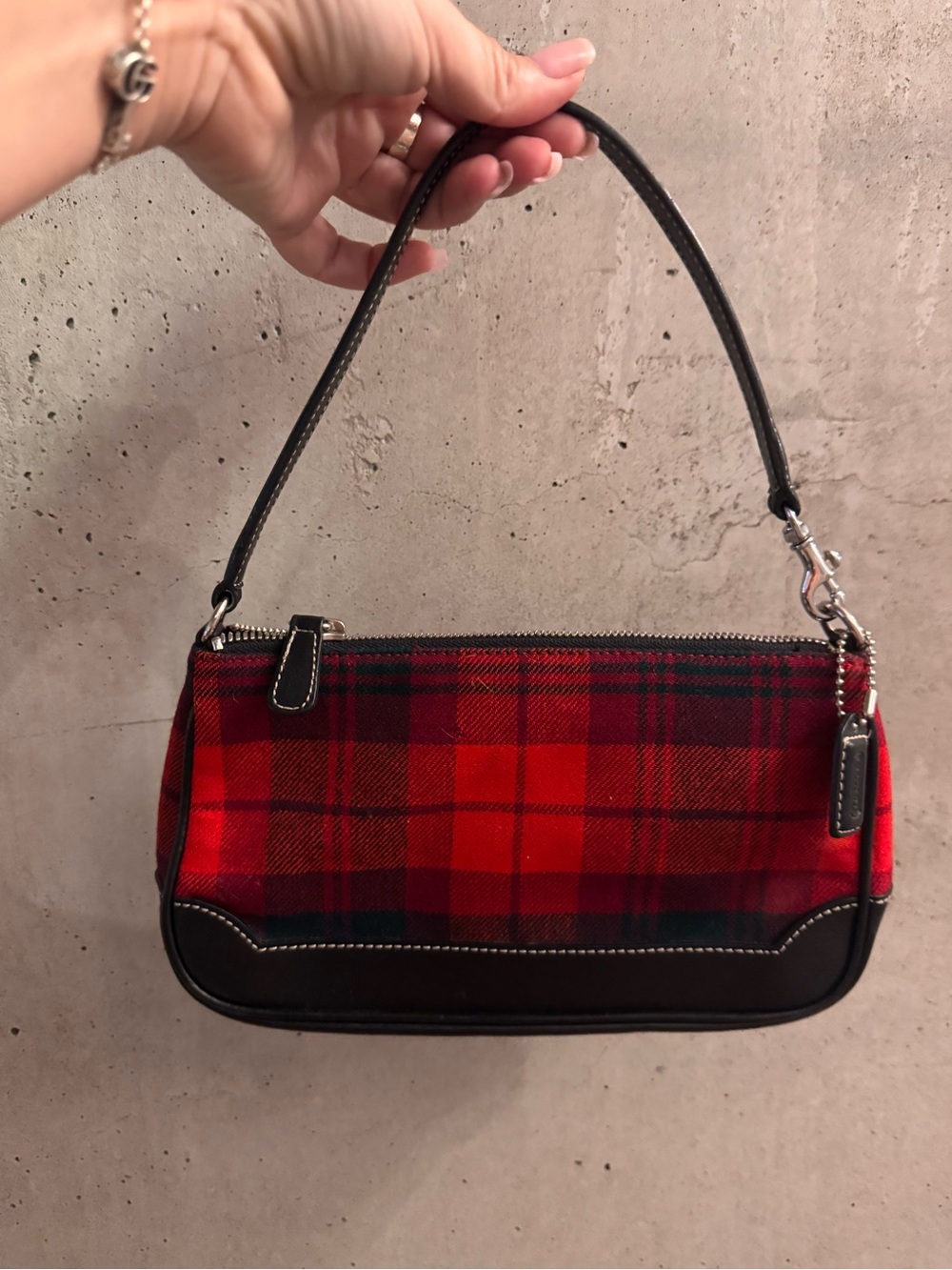 Coach 2000 Y2K Red Plaid Shoulder Bag with Black Leather Trim